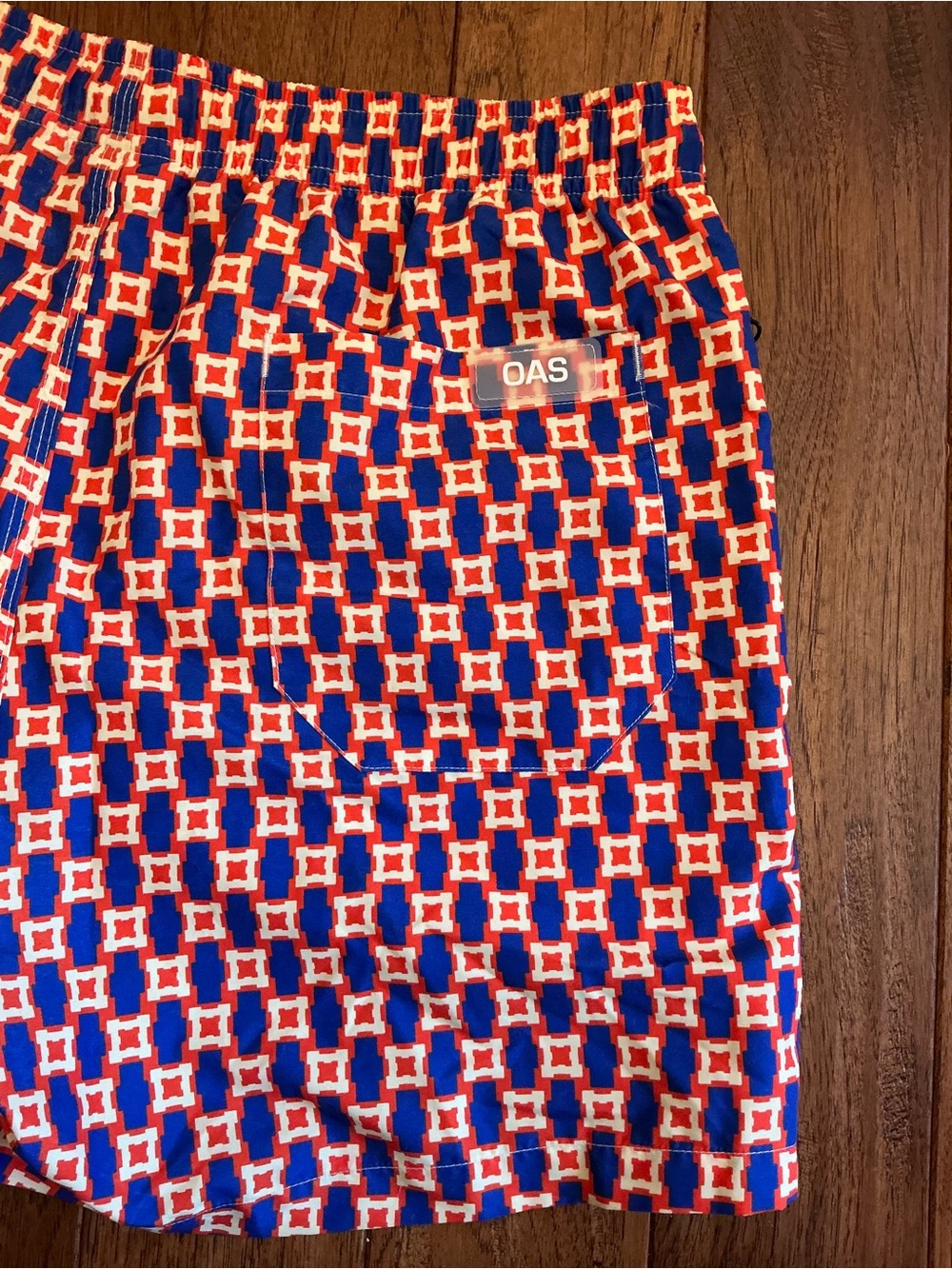 OAS Blue and Orange Geometric Pattern Swim Trunks, XL